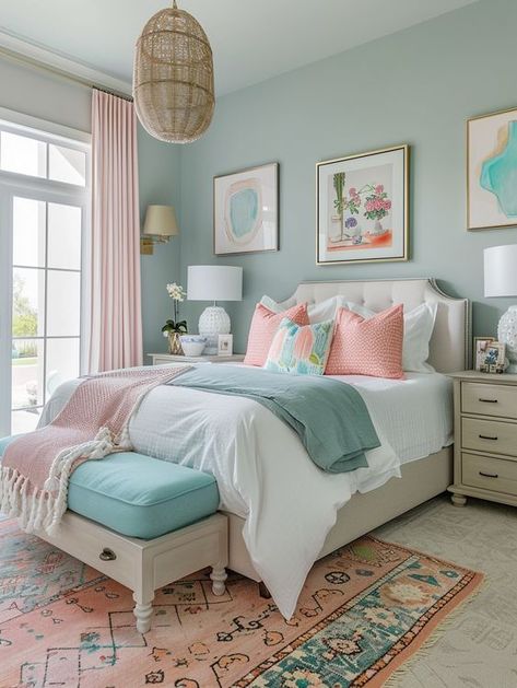 76 Dreamy Bedroom Ideas to Inspire Every Teenage Girl to Create the Perfect Corner Blue Girls Bedroom, Teal Girls Bedroom, Girls Bedroom Teal, Colorful Girls Bedroom, Blue Girls Rooms, Twin Girl Bedrooms, Girls Blue Bedroom, Blue And Pink Bedroom, Girls Room Colors