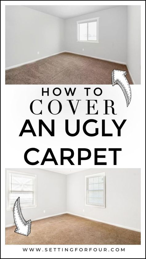 How To Cover An Ugly Carpet - design ideas for ugly carpeting! #interior #design #ideas #ugly #carpet #flooring How To Decorate With Carpeted Floors, Carpeted House Decor, Rug On Brown Carpet Living Room, Tile Floor With Rug, Kitchen With Carpet, Rug Carpet Bedroom, How To Style Carpeted Rooms, How To Decorate Carpeted Bedroom, Apartment Carpet Living Room