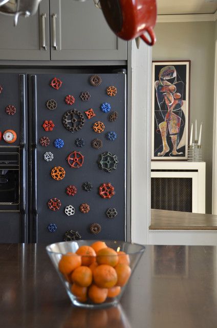 Have an Ugly Fridge? Here Are 7 Creative Makeover Ideas Ugly Fridge, Refrigerator Makeover, Fridge Makeover, Custom Wood Cabinets, Fridge Design, Black Chalkboard Paint, Old Refrigerator, Black Chalkboard, Housewives Of New York