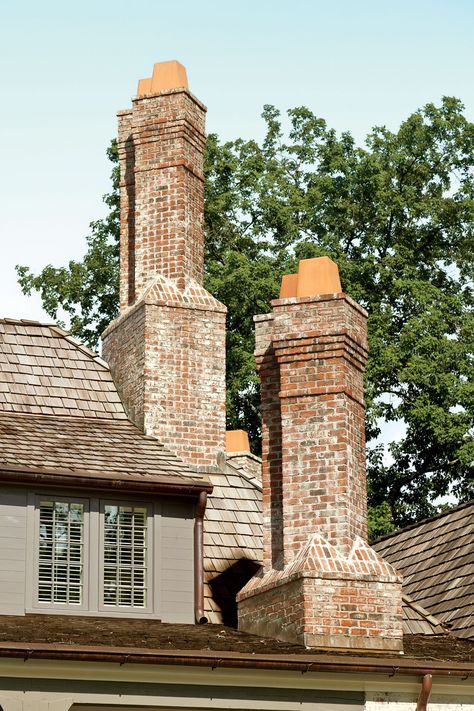 Chimney Exterior, Chimney Design, Drafty Windows, Georgian Style Homes, Brick Chimney, Chimney Cap, Old Manor, Tudor House, Brick Facade