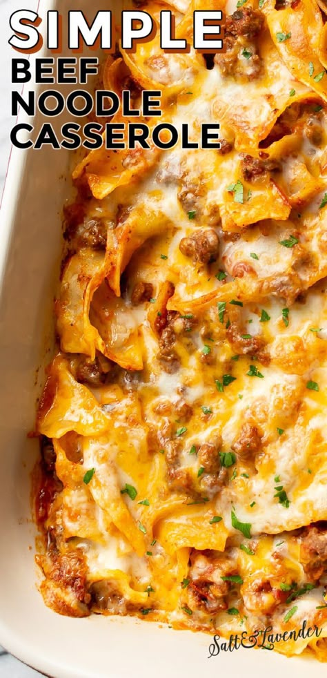 A hot weeknight dinner is easy with this delicious and simple beef noodle casserole recipe! It uses everyday ingredients and is family friendly. Noodles And Hamburger Meat Recipes, Easy Beef Noodle Casserole, Noodle Ground Beef Casserole, Wide Noodle Recipes Dinners, Egg Noodle Pasta Bake, Egg Noodle Beef Casserole, Casseroles With Noodles, Easy Beef Casseroles, Beef And Mushroom Noodles