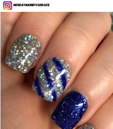 49 Blue and Silver Nail Designs for 2023 - Nerd About Town Blue Dip Nails With Glitter, Blue And White Dip Nails, Denim And Diamonds Nails, Blue Silver Nail Designs, Blue And Silver Gel Nails, Blue And Gray Nails, New Years Nails Blue, Blue New Years Nails, Blue Winter Nail Ideas