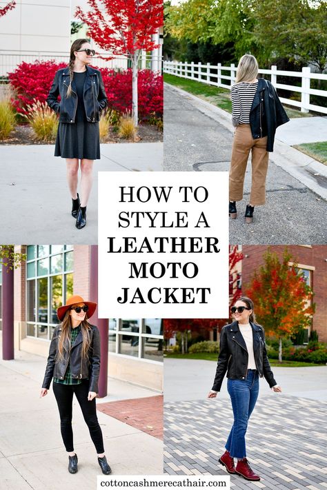 How to style a leather moto jacket | 14 leather moto jacket outfit ideas | Blank NYC Life Changer faux leather moto jacket | casual fall outfit ideas | transitional outfits | Cotton Cashmere Cat Hair What To Wear With Moto Jacket, How To Wear A Biker Jacket, Knit Moto Jacket Outfit, Navy Moto Jacket Outfits, Black Moto Jacket Outfit Dressy, How To Style A Moto Jacket Outfit Ideas, Style Moto Jacket, Styling Moto Jacket, Moto Jacket Outfit 2023