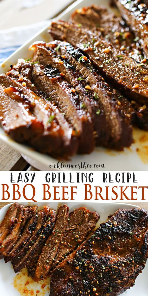 This Easy BBQ Beef Brisket recipe is so delicious & the perfect grilling recipe to enjoy all summer long. Add to a sandwich or enjoy with grilled corn. YUM! via @KleinworthCo Grilled Beef Brisket, Brisket On Bbq, Beef Brisket Recipes Grilled, How To Cook A Brisket On The Grill, Brisket Grilled, Grilling Brisket, Brisket Bbq Recipes, Grill Brisket Recipes, Bbq Brisket Grill