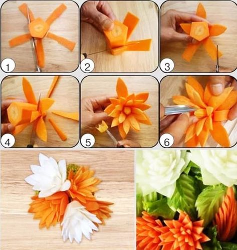 Food Garnish, Deco Fruit, Veggie Art, Vegetable Decoration, Carrot Flowers, Decorações Com Comidas, Fruit And Vegetable Carving, Vegetable Carving, Creative Food Art