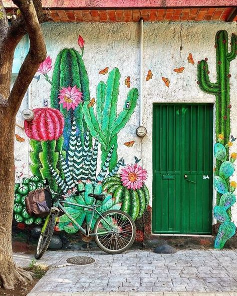 Contemporary Kitchen Design Ideas, Cactus Paintings, Open Sesame, Taco Shop, Garden Mural, Deco Jungle, Mexican Wall, Fence Art, Wall Murals Painted