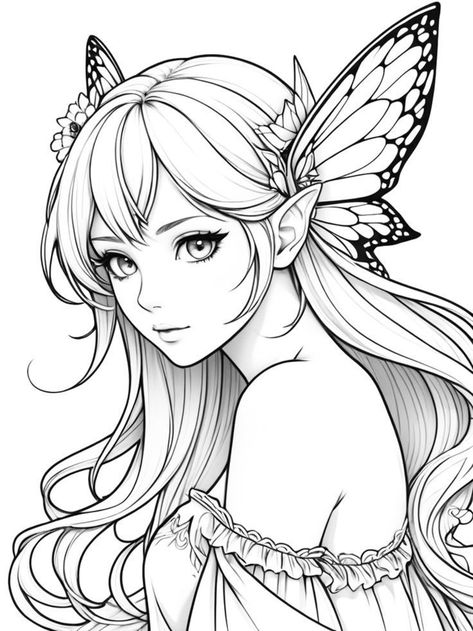 Anime Drawing Printable, Book Art Easy, Portrait Coloring Pages, Manga Coloring Book, Easy Love Drawings, Detailed Coloring Pages, Fairy Coloring Pages, Fairy Coloring, Mermaid Coloring