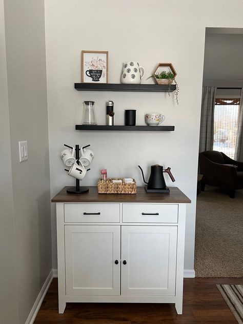 Love how our coffee & tea bar turned out! We have an electric kettle we use to brew tea and for pour over coffee every morning. Tea Bar, Pour Over Coffee, Brewing Tea, Electric Kettle, Home Reno, Bars For Home, Coffee Tea, Bar, Tea