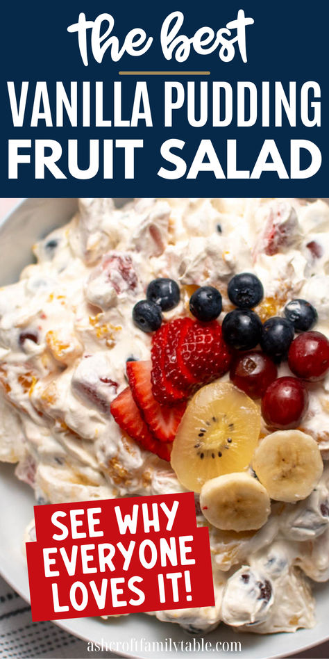 Vanilla pudding fruit salad with bananas, strawberries, and blueberries on top. Fruit Salad Cool Whip, Vanilla Pudding Fruit Salad, Fruit Salad With Pineapple, Pudding Fruit Salad, Spring Fruit Salad, Thanksgiving Fruit Salad, Creamy Fruit Salad, Pudding And Cool Whip, Salad With Pineapple