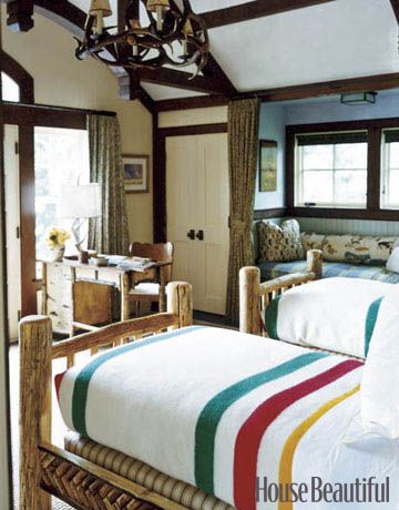 love the idea of the colors of a pendleton camp blanket...we could layer this at the foot of bed...too casual? too literal?  The blankets are dog friendly...important! Beautiful Bedroom Designs, Cabin Chic, Twin Beds, Twin Bedroom, Pine Furniture, Bedroom Pictures, Cabin Style, Rustic Bedroom, Beautiful Bedrooms