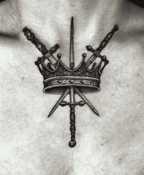 Medieval Crown Tattoo, Crown Chest Tattoo Men, King Crown Tattoo Design For Men, Crown Tattoo Design Men, Gothic Crown Tattoo, Small Crown Tattoo Men, Crown Tattoo Chest, Mens Crown Tattoo, Crown And Swords Tattoo