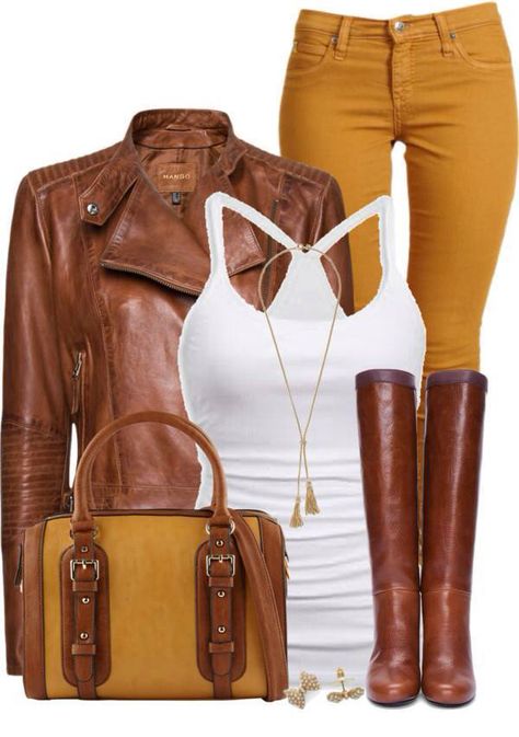 ❤️ Cognac Leather Jacket Outfit, Leather Jacket Outfit Winter, Mustard Jeans, Mustard Outfits, Stylish Eve Outfits, Winter Jacket Outfits, Leather Jacket Outfit, Yellow Pants, Stylish Eve