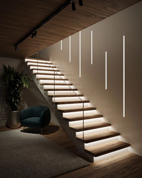 Staircase Lighting Ideas, Staircase Design Modern, Stairs Design Interior, House Staircase, Stairway Design, Stairs Design Modern, Home Stairs Design, Modern Stairs, Interior Stairs