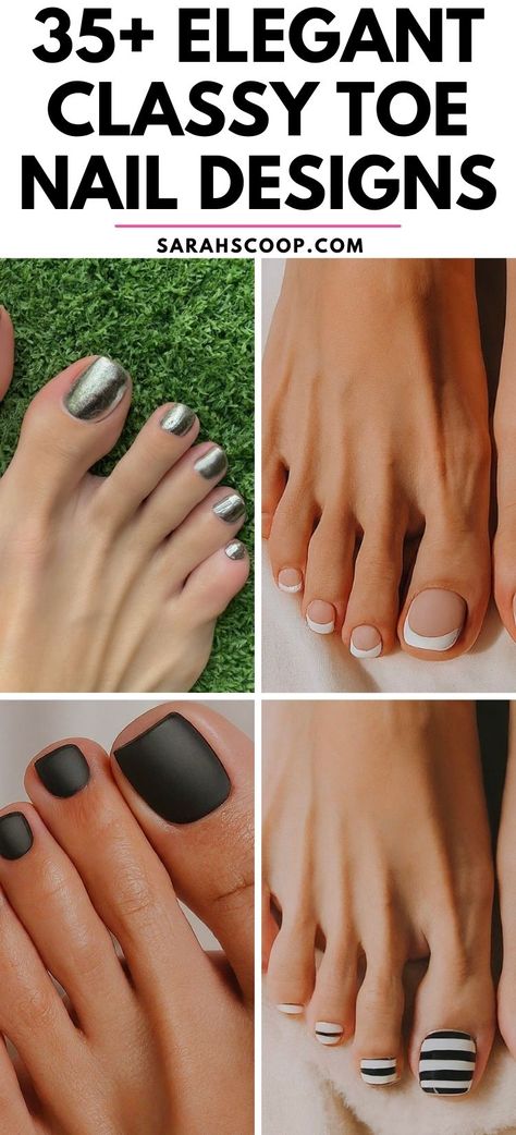 Experience the finest in sophisticated pedicure fashion with these 35+ elegant and classy toe nail designs that perfectly blend attractiveness and style. #Nails #NailDesigns #NailArt Pedicure For Black Tie Event, Minimal Pedicure Design, Classic Pedicure Ideas, Graduation Pedicure Ideas, Formal Pedicure, Wedding Guest Pedicure Ideas, Nye Pedicure, Nail Art For Foot Nails, Classy Pedicure Colors