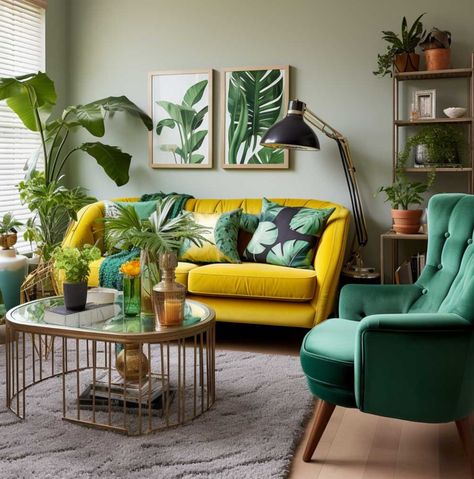 Green Room Yellow Sofa, Yellow And Green Apartment, Green And Yellow Living Room Decor, Mustard Yellow And Green Living Room, Bright Color Room, Green And Mustard Living Room, Yellow And Green Living Room, Green And Yellow Living Room, Green Living Room Designs