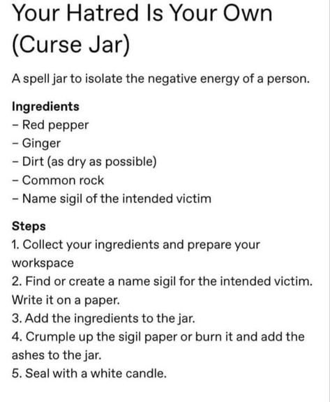 Karma Spells Witchcraft Jar, Karma Jar Spell, Spells For Moving Into A New Home, Curse Jar Ingredients, Hex Spell Curse Jar, Rice Witchcraft Uses, Hex Jar Spell Ingredients, Simple Hexes Witchcraft, Curse Spell Jars Recipes