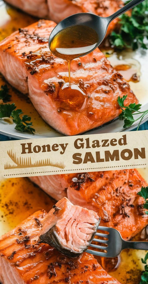 Easy Honey Glazed Salmon – A Dinner Delight!  Whip up this easy honey glazed salmon in under 30 minutes! With its sticky glaze and tender, flaky texture, this dish is sure to become a family favorite. Salmon Recipes Honey Glazed, Rum Glazed Salmon, Salmon Glaze Recipes Honey, Sweet Glazed Salmon, Honey Glazed Salmon Baked In Oven, Glazed Salmon Recipes Baked, Salmon Glaze Recipes Easy, Simple Salmon Recipes Baked, Salmon In The Oven Recipes