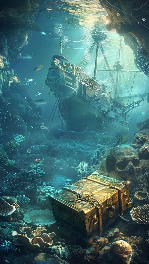 Superhero Background, Pirates Treasure, Gold Illustration, Ship Wreck, جوني ديب, Underwater Images, Bottom Of The Sea, Underwater Painting, Space Phone Wallpaper