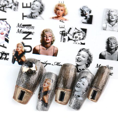 Nail Foils Designs, Audrey Hepburn Beauty, Audrey Hepburn Marilyn Monroe, Marilyn Nails, Nail Foils, Dark Nail Polish, Retro Nails, Foil Stickers, Nail Design Inspiration