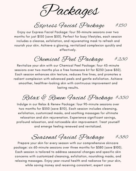 So excited to finally announce the opening of my salon suite this Friday! This will be my service menu, all new clients will receive 35% off discount on any service! Any questions please DM 😊 - - - - - - - #esthetician #skin #skincare #dallas #dfw #facial #wax #explore #explorepage✨ #salon Esthetician Must Know, Facials Price List, Basic Facial Steps Esthetician, Esthetician Policies, Facial Menu Of Services, Facial Service Menu Ideas, Esthetician Menu Of Services, Aesthetician School, Facial Esthetics