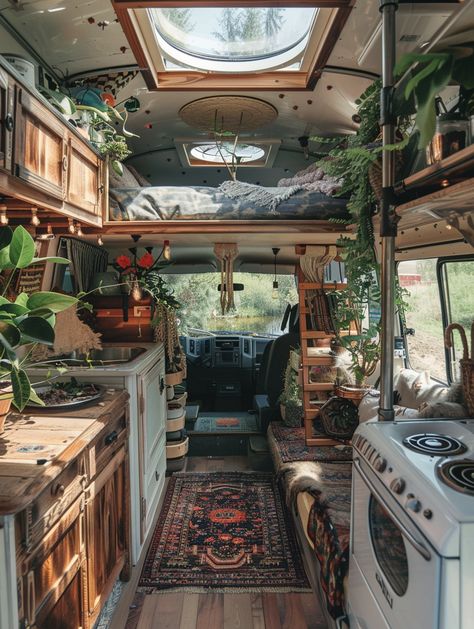 Boho Caravan Renovation, Tiny House Design Mobile, Unique Camper Interior, Boho Sprinter Van, Camper To Tiny House Conversion, House Van Ideas, Remodeled Campers Diy, Witchy Rv Remodel, Boho Van Interior