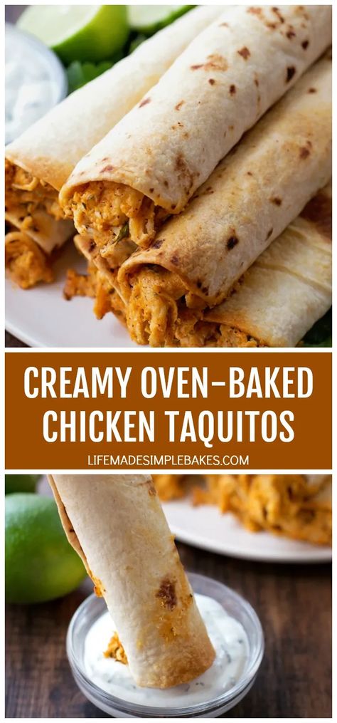 Oven Baked Chicken Taquitos, Creamy Chicken Taquitos, Creamy Chicken Dinner, Baked Chicken Taquitos, Taquitos Recipe, Chicken Taquitos, Baked Dinner, Global Cuisine, Oven Baked Chicken