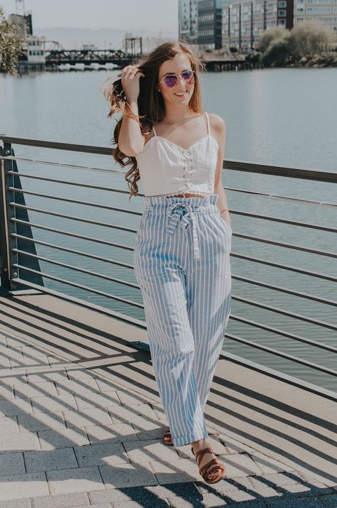 Blue Linen Striped Pants + The Most Beautiful Thing You Should Be Wearing Strip Pants Outfit, Blue And White Striped Pants Outfit, Blue Striped Pants Outfit, Stripped Pants Outfit, Blue Tee Outfit, Striped Linen Pants Outfit, Blue Linen Pants Outfit, Linen Pants Outfit Ideas, Pinstripe Pants Outfit