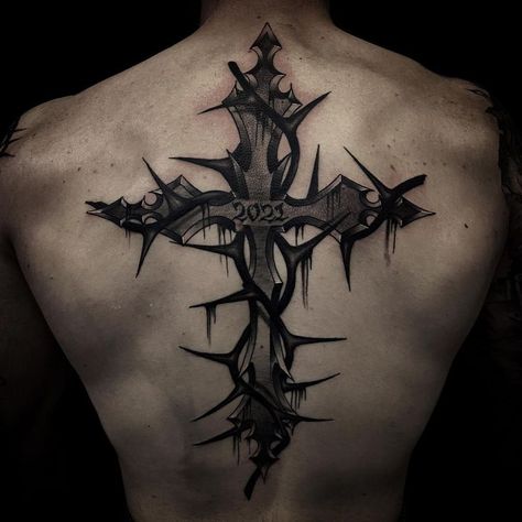 Do you have a cross tattoo, or are thinking about getting one? Get inked with Ink-Match😍 #tattoo #tattoos #ink #inked #art #tattooartist #tattooart #tattooed #tattoolife #love #tattooideas #artist #tattoogirl #inkedgirls Cross On The Back Tattoo, Cross Shin Tattoo, Cross Tattoos For Men Shoulder, Cross Back Tattoo For Men, Cross Tattoos For Women On Back, Gothic Tattoo Ideas For Men, Cross Sleeve Tattoo Men, Back Cross Tattoo For Men, Cross Chest Tattoo Men