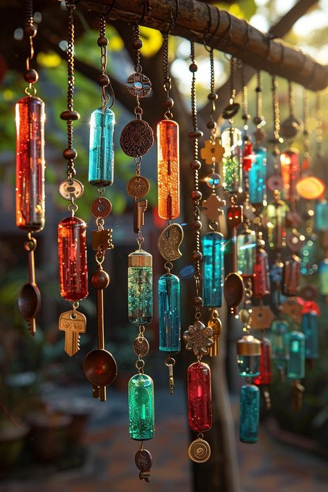 Hanging Wood Decor, Diy Hanging Garden Decor, Recycled Art Ideas, Diy Yard Art Ideas, Lighting Diy, Diy Yard Art, Wind Chime, Boho Lanterns, Bohemian Diy