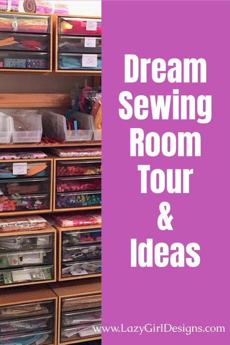 Sewing room tour and craft room ideas! She finished her basement for the ultimate sewing studio with great sewing organization, ironing board area, craft storage ideas, great lighting, and must-have sewing room equipment. #SewingRoom Large Sewing Room Ideas, Sewing Area Ideas, Sewing Room Closet Organization, Sewing Room Set Up Ideas, Sewing Closet Ideas Small Spaces, Sewing Room Lighting, She Shed Sewing Room Ideas, Sewing Room Design Ideas, Craft Sewing Room Ideas