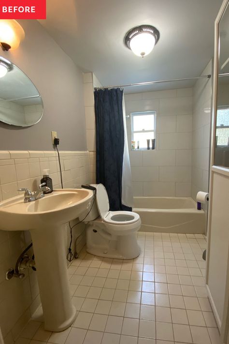 “The bathroom was so dark and dingy,” Tarah remembers. “There was only one bathroom when we moved in, so we really wanted it to feel like a spa.” See how a 1990s bathroom goes from “dark and dingy” to light and bright with this $4,000 redo. 1990s Bathroom, 1910 Bathroom, Dark Bathroom, Tiled Bathroom, Dark Bathrooms, White Subway Tiles, Over The Sink, Spa Inspiration, Pedestal Sink