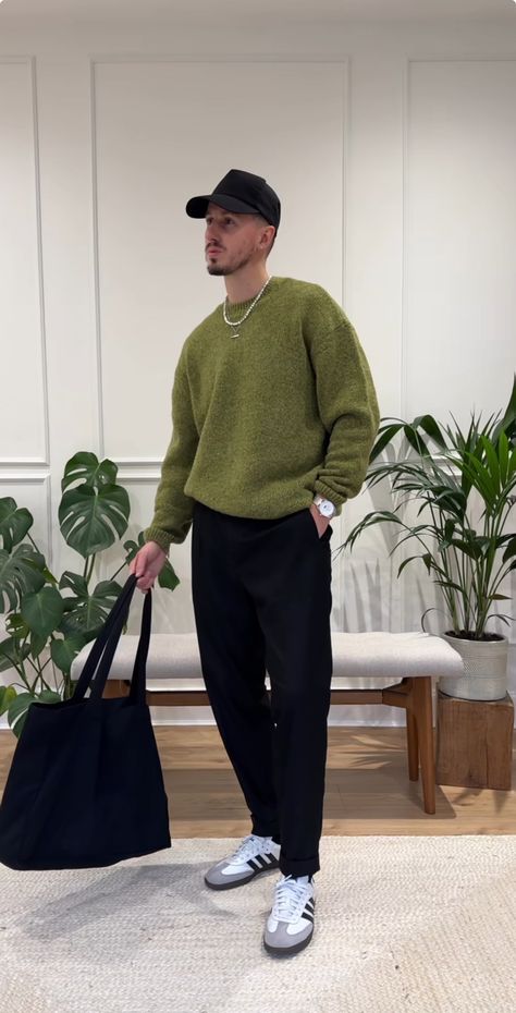 Mans Classic Outfit, Men’s Classy Street Wear, Green Dress Outfit Men, Mens Fashion Moodboard, Men Fashion Casual Outfits Winter, Mens Essentials Outfit, Minimalist Outfit Men Summer, Black Male Outfits Casual, Men V Neck Sweater Outfits