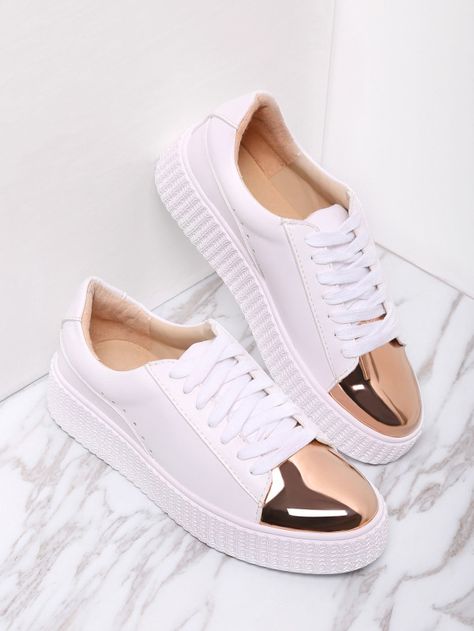 White Contrast Round Toe Rubber Sole Sneakers -SheIn(Sheinside) Trending Womens Shoes, Cheap Sneakers, Round Toe Sneakers, Sole Sneakers, Girly Shoes, Pretty Shoes, Dream Shoes, Sneakers Online, Trendy Shoes