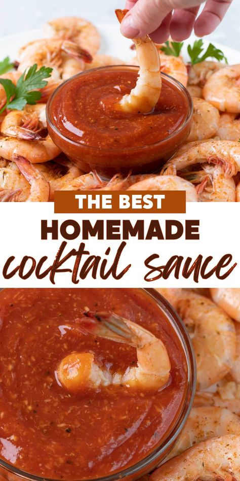 Two images of homemade cocktail sauce with shrimp. Red Lobster Cocktail Sauce Recipe, How To Make Cocktail Sauce, Homemade Shrimp Cocktail Sauce, Shrimp Cocktail Recipe Sauces, Homemade Seafood Sauce, Diy Shrimp Sauce, Homemade Cocktail Sauce Easy, Diy Cocktail Sauce Easy, Easy Sauce For Shrimp