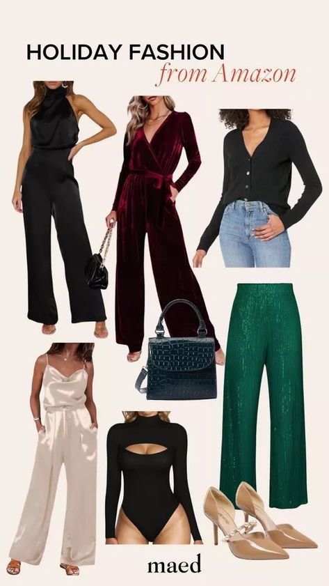 Shopping for the perfect holiday outfit for the holidays? Today MAED is sharing her favorite holiday fashion you can shop from Amazon! From jumpsuits , heels and bodysuits, find the perfect look for your upcoming Christmas parties in 2023! Follow for more Christmas outfit ideas, holiday shopping guides, and winter fashion trends. Holiday Jumpsuit Outfit, Outfit Ideas Amazon, Outfit Ideas Holiday, Denise Vasi, Holiday Jumpsuit, Holiday Outfit Ideas, Winter Fashion Trends, Christmas Outfit Ideas, Holiday Outfits Christmas