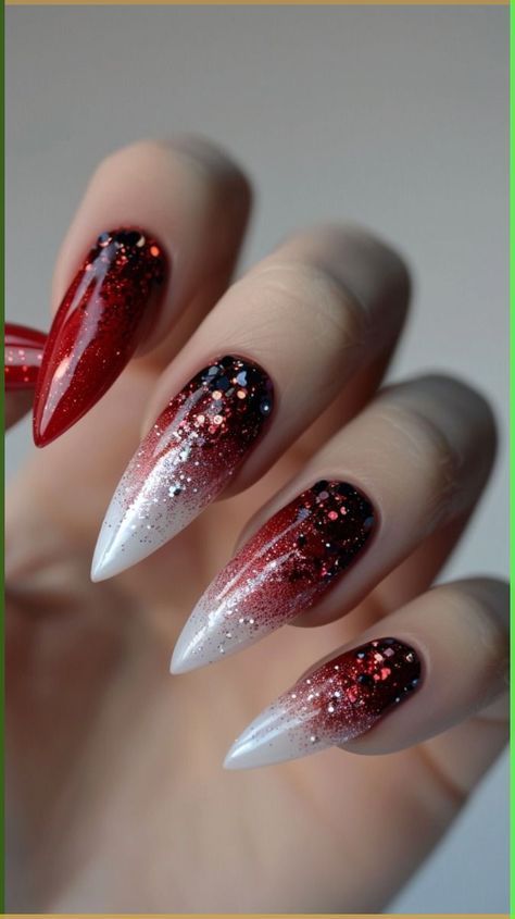 Red And Blue Glitter Nails, Glitter Gradient Nails, Classy Nail Art Ideas, Festive Nail Designs, Glitter Gradient, Ombre Nails Glitter, Nail Art Techniques, Goth Nails, Sparkle Nails