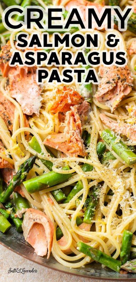 Lemon Garlic Cream Sauce, Asparagus Pasta Recipes, Salmon Pasta Recipes, Salmon Asparagus, Creamy Salmon, Garlic Cream Sauce, Asparagus Pasta, Salmon And Asparagus, Salmon Pasta