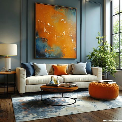 Modern living room featuring a large orange and blue abstract painting above a white sofa. The room includes a blue rug, dark gray walls, wooden floor, and natural light from large windows. Decorative elements include a wooden coffee table, orange footstool, blue pillows, and green plants enhancing the serene ambiance. Blue Grey And Orange Living Room, Blue Burnt Orange Living Room, Blue Orange Interior Design, Blue Orange Gray Living Room, Navy Blue Orange Living Room, Blue And Burnt Orange Living Room, Gray Orange Living Room, Living Room Design Dark, Grey And Orange Living Room