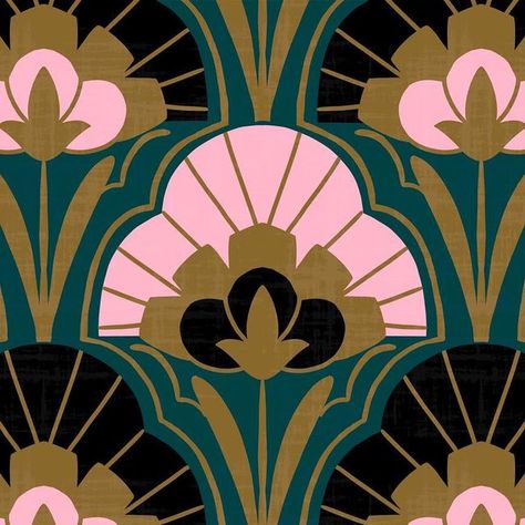 Tara Reed on Instagram: "One more Art Deco floral 💫 this one is for the “1920’s wallpaper” Spoonflower challenge. This was a really great challenge for me- it was fun researching the time period✨🖤 . . . . . . . . . #spoonflower #spoonflowerchallenge #wallpaperdecor #wallpaper #artdeco #artdecowallpaper #femaleillustrator #femaleartist #floralillustration #floralart #homedecor #wallpaperdesign #spoonflowerfabric" Art Deco Inspired Wallpaper, Modern Art Deco Colors, 1920s Patterns Art Deco, Art Deco Floral Wallpaper, Art Deco Flowers Illustration, Art Deco Prints Pattern, Artdeco Art Design, Motif Art Deco 1920s, Art Deco Quilt Patterns