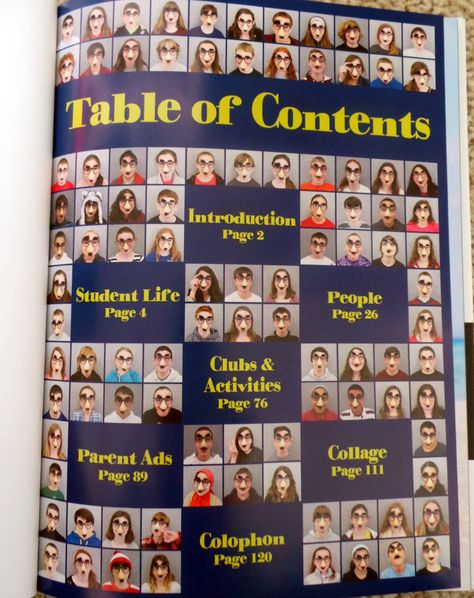 Table of contents idea for a yearbook- Instead of using face disguises, have everyone with their hands up like a HIGH 5. Yearbook Middle School Ideas, Yearbook Page Ideas, Elementary Yearbook, Middle School Yearbook, Yearbook Template, Yearbook Class, Yearbook Staff, Table Of Content, Yearbook Spreads