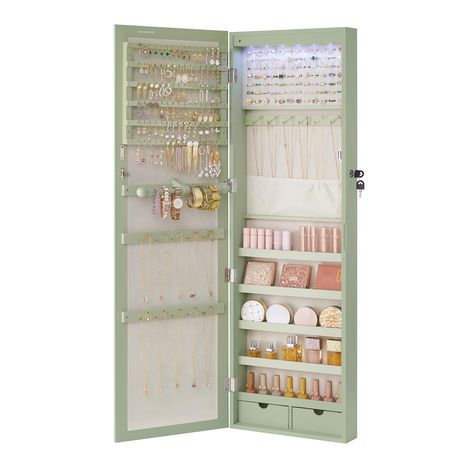 PRICES MAY VARY. [Specialized Jewelry Cabinet] You deserve this well-constructed and designed jewelry cabinet from SONGMICS. The solid MDF body is for long-term use and the full-length mirror is framed to avoid leaving fingerprints on it every time you use the cabinet [Auto LED Lights] The 6 LED lights inside the cabinet emit cozy, soft lighting when you open the cabinet door, helping you pick out the right jewelry easily without waking up your loved one (the LED lights are powered by 3 AAA batt Jewelry Organizer Aesthetic, Auto Led Lights, Mismatched Jewelry, Mirror Jewelry Cabinet, Laurel Green, Mirror Jewelry, Mirror Jewellery Cabinet, Auto Led, Earring Hole