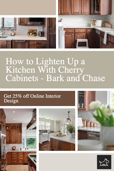 Cherry Kitchen Cabinets 2023, Updated Cherry Wood Kitchens, Traditional Kitchen Cherry Cabinets, Cherry Kitchen Cabinets Redo, White Kitchen Cabinets With Dark Trim, Kitchen Remodel Dark Cabinets Light Countertops, How To Make Cherry Cabinets Look Farmhouse, Modern Kitchen With Cherry Wood Cabinets, How To Tone Down Cherry Cabinets