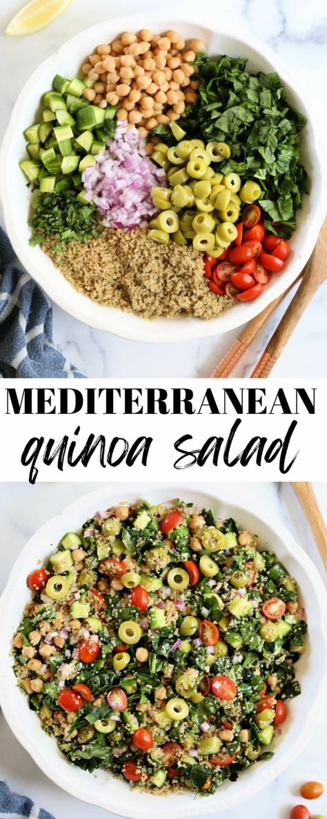 Easy Healthy Mediterranean quinoa salad recipe vegan vegetarian gluten-free Healthy Gluten Free Vegetarian Recipes, Quinoa Dressing Recipes, Quinoa Salad Dressing Recipes, Quinoa Salad Recipes Cold, Veggies Meals, Quinoa Salad Dressing, Quinoa Salad Vegan, Summer Quinoa Salad, Cold Quinoa Salad