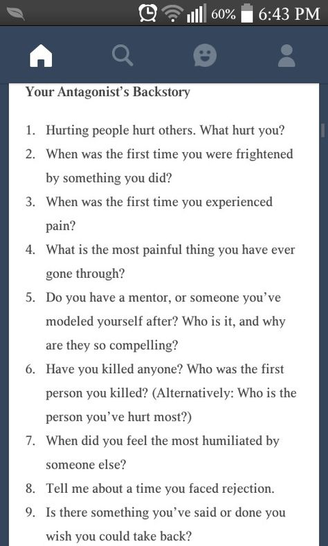 Antagonist's Backstory http://alyssahollingsworth.com/2016/01/09/50-questions-for-your-antagonist/ Interesting Character Backstories, Background Story Ideas Writing, Good Villain Backstory, Creating An Antagonist, Creating Character Backstory, Bad Superpowers, Writing Female Villains, How To Write A Villain Backstory, Writing Character Backstory