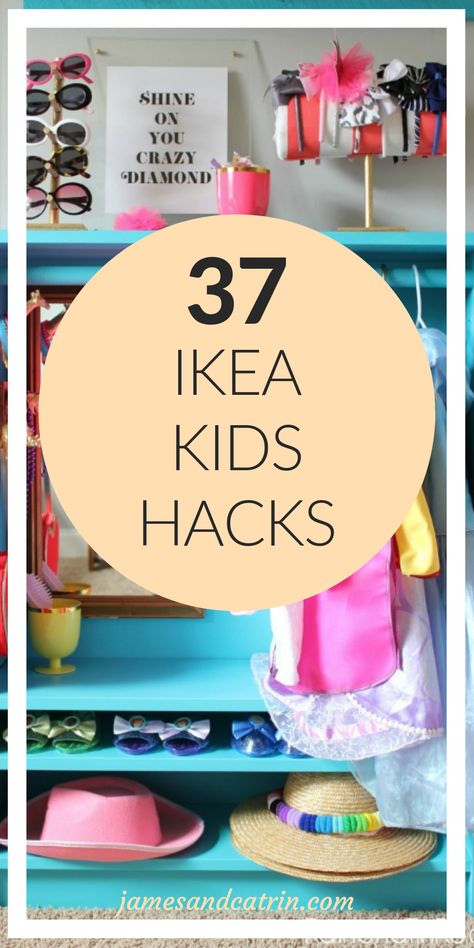 Ikea hacks are fun and creative, but when you're doing them for your kids they take on a whole new awesomeness! There are so may wonderful ideas for Ikea kids hacks that will blow your kid's (and your) minds. Everything from toy storage to play tables and kids chairs to closets. This is an epic list of Ikea kids hacks that you will definitely find some inspiration from. #ikeakids #ikeahacks #toystorage #organization #ideas #kidshacks #ikeachildren #childrenshacks Ikea Wardrobe For Toys, Ikea Bath Toy Storage, Play Storage Ideas, Ikea Smastad Toy Storage, Ikea Hack Bookshelves Kids, Ikea Dress Up Hack, Godishus Ikea Hack, Ikea Hacks Kids Bedroom, Ikea Kids Room Hacks