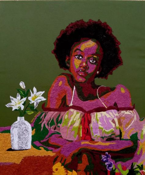 "Bloom" Thread and Acrylic on Canvas 30in x 36in  2023  Artist: Grace Awe @graceawe_arts  #graceawe Grace Core, Graffiti Illustration, Contemporary African Art, Black Art Painting, Afrocentric Art, Black Artwork, Dope Art, Ethereal Art, African American Art