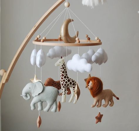 Baby Mobile Neutral Animals Africa Nursery Mobile Felt Africa | Etsy Crib Mobile Girl, Hanging Crib Mobile, Felt Giraffe, Koala Nursery, Animals Africa, Safari Baby Mobile, Moon And Clouds, Hanging Crib, Woodland Mobile