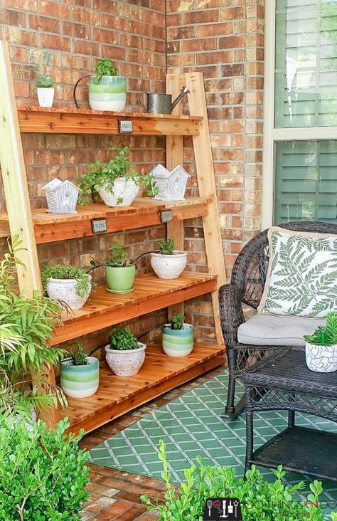 Freestanding Plant Shelf - 100 Things 2 Do Plant Stand For Porch, Plant Stand Porch, Build A Plant Stand, Wood Crate Plant Stand, Outdoor Plant Shelves Diy, Outside Plant Stands Diy Projects, Patio Shelf Ideas, Patio Plant Shelves, Porch Plant Shelf