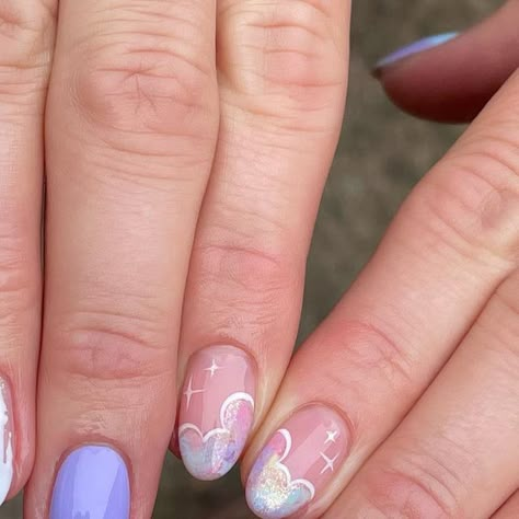 Charlotte on Instagram: "DISNEY NAILS✨💜🧚🪄 . My lovely friend surprised her children yesterday with a trip to Disney World!! 🥰 I’m so excited for her to make such special memories with her family 💜✨ . . #disneycastlenails #Disney #disneynails #flax #shelleychrome #tinkerbell #tinkerbellnails #mickeymouse #mickeymousenails #nails #disneynailinspo #nailsofinstagram #nailinspo #nailsfordisney" Disney Nails Tiana, Stitch Nails Disney Short, Colourful Disney Nails, Disney Nails Sparkle, Disney Nail Inspo Almond, Sparkle Disney Nails, Disney Pastel Nails, Disney Nails Summer, Unique Disney Nails