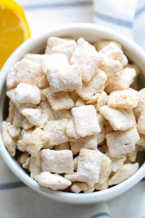 Lemon Chex Mix | Six Sisters' Stuff Chex Lemon Buddies, Lemon Chex Mix, Lemon Chex, Lemon Puppy Chow, Chex Mix Recipes Sweet, Puppy Chow Chex Mix Recipe, Chex Mix Recipe, Chex Mix Puppy Chow, Muddy Buddies Recipe